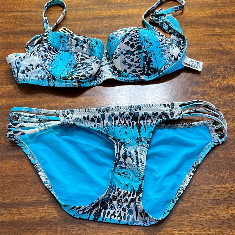 BECCA Blue and Black Patterned Bikini